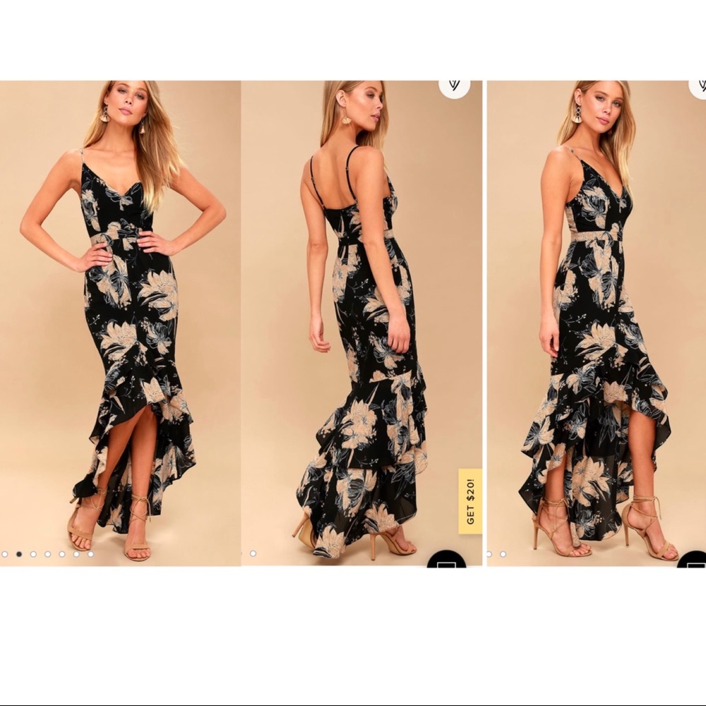 Lulu’s Darling Daylily Black Floral Print High-Low Ruffle Midi Maxi Dress